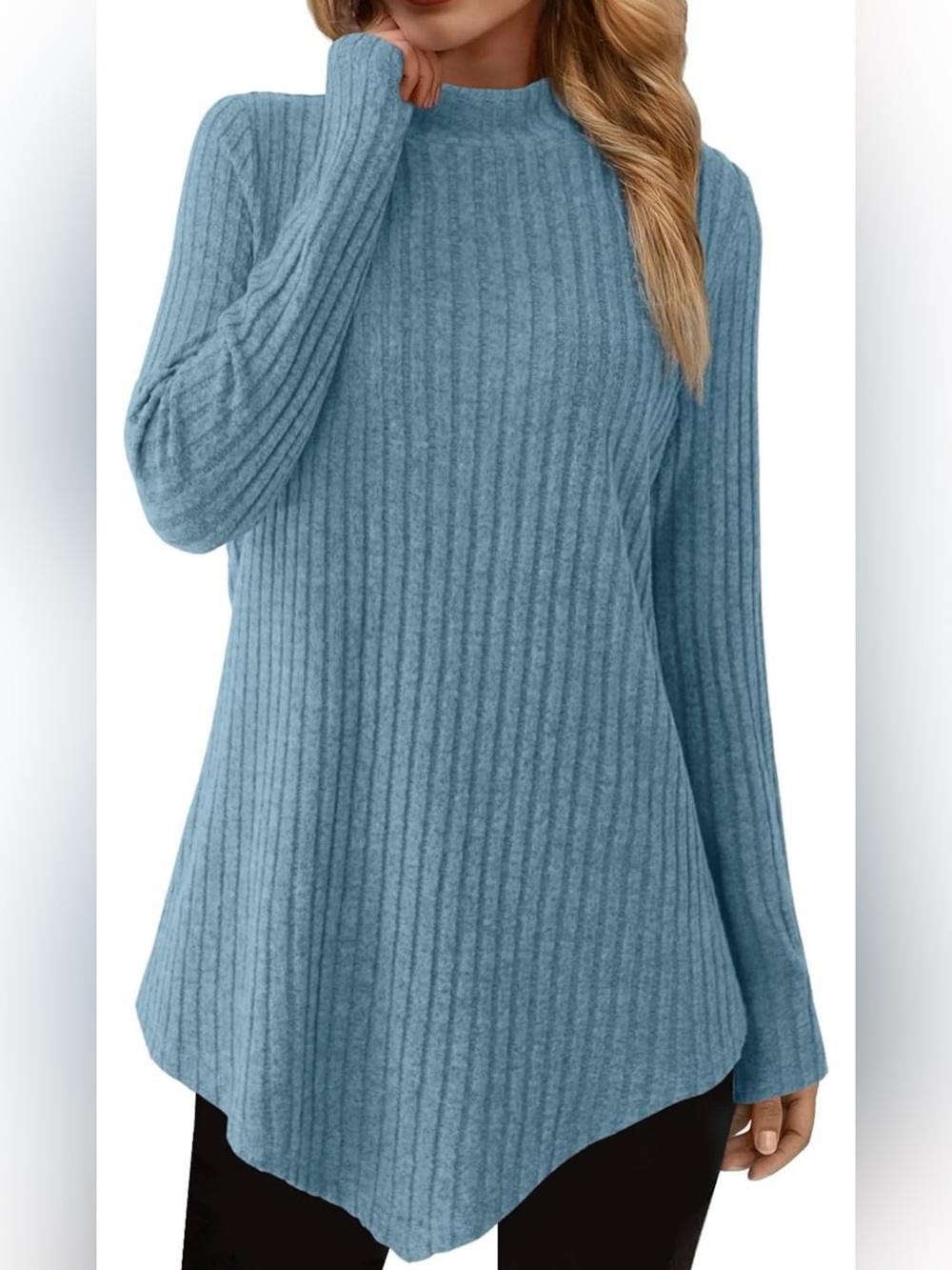 Light Blue Ribbed Mock-Neck Light Weight Soft Sweater